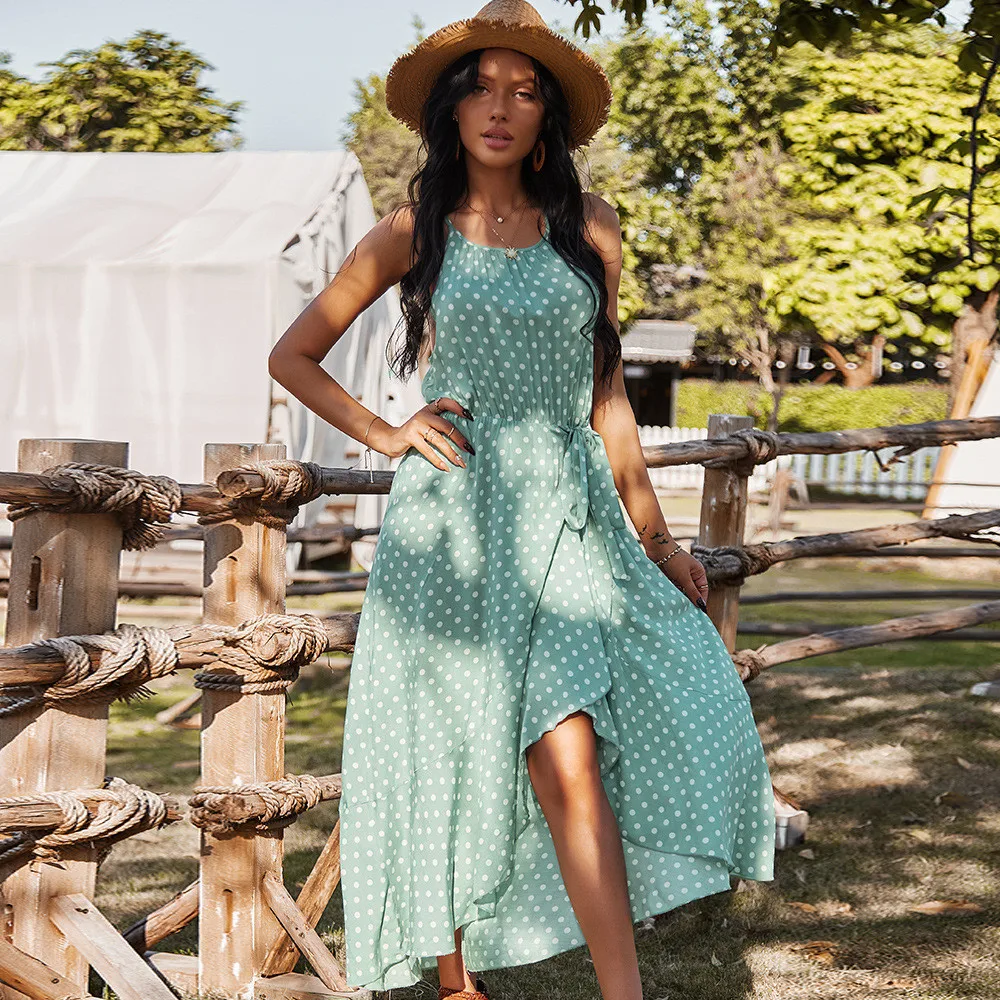 

Polka Dot Print Asymmetric Ruffles Spaghetti Strap Maxi Dress Women 2021 Sleeveless Lace Up Ladies Vacation Elegant Dresses