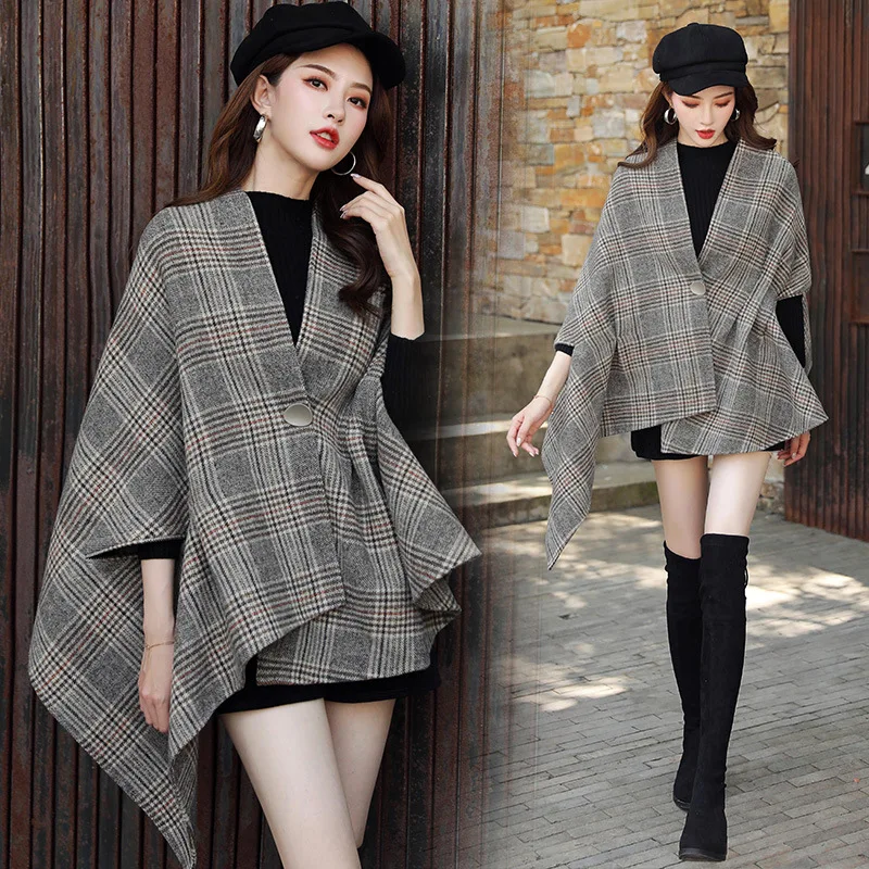 

V-neck Non-symmetrical dou peng xing Mid-length Bat Sleeve One-Button Woolen Jacket Plaid Commuting