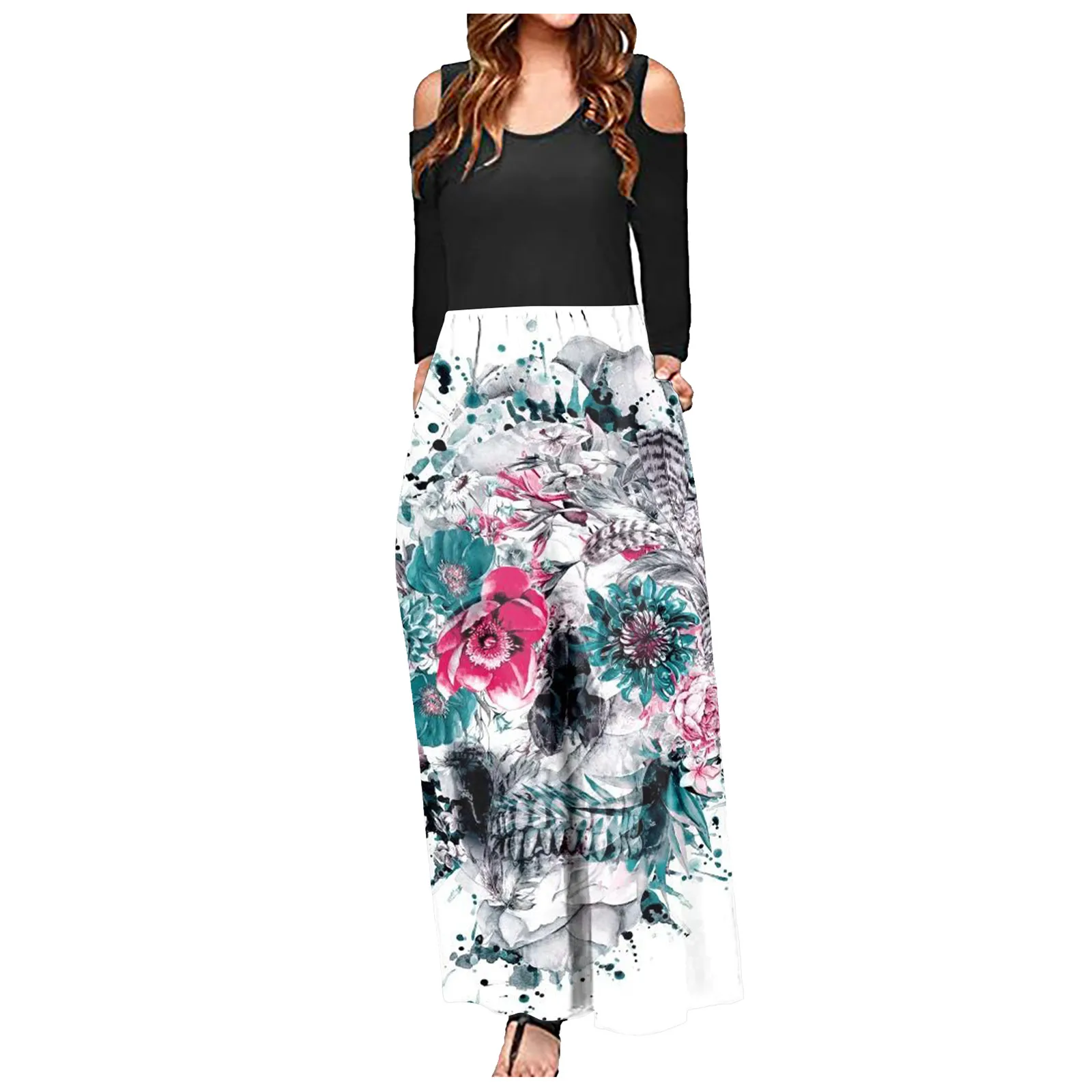 2021 Halloween New Floor-Length Long Dress Print Long Sleeves O-Neck Dress Plus Size Women Fashion Off-Shoulder Vestido Mujer 2