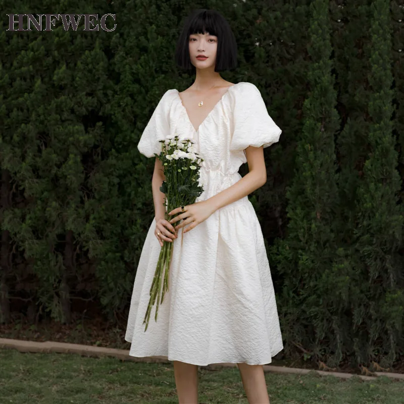 2020 New Summer Dresses Solid Color V-neck Short Puff Sleeve Dress Original Mid-length Pullover Vestidos Tide U156 | Женская одежда