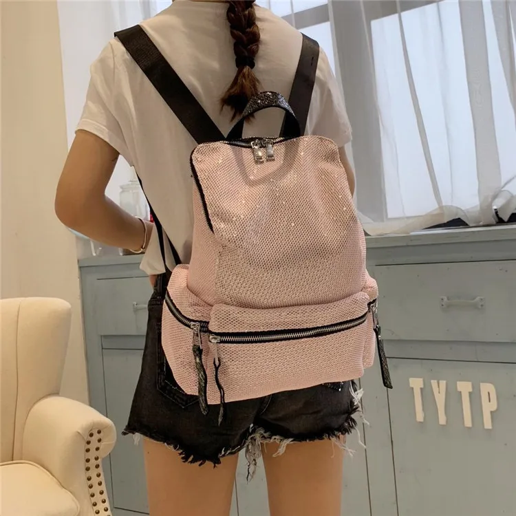 

2019 Summer New Style Women's Backpack Sequin Mesh Multilayer Multi-pockets Fashion Casual Backpack Convenient Travel Bag