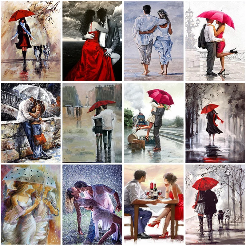 

DIY 5D Diamond Painting Cross Stitch Couple Red Umbrella Diamond Embroidery Street View Full Round Drill Manual Gift Home Decor