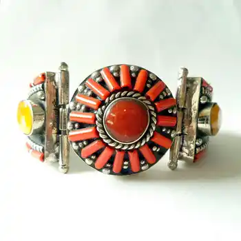 

Nepal Indian Fashion Bangles BOHO Dancing Open Cuff Bangle Locket Nepal vintage Stone Coral jewelry BB-478
