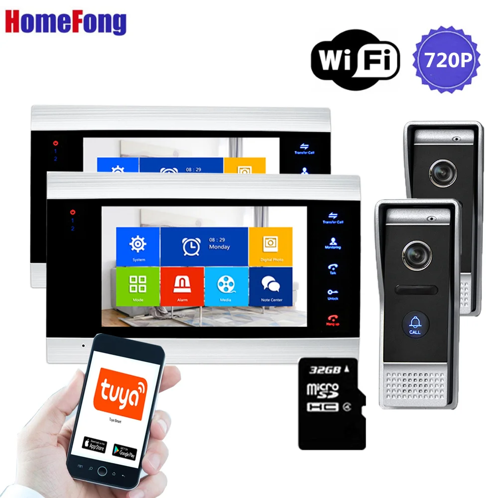 2V2 【Wide широкоугольный 720p】 homefong 7 дюймов беспроводной Wifi видеодомофон дверной звонок Система Smart IP с 2 мониторами дверной звонок Камера IR - Цвет: 2V2
