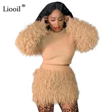 Liooil, вязанный плюшевый комплект из двух предметов, облегающее мини-платье для женщин, зимняя Клубная одежда с длинным рукавом и круглым вырезом, облегающие вечерние платья с кисточками на день рождения