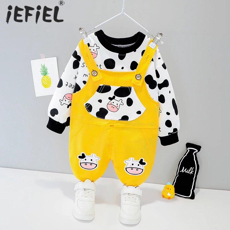 

Baby Girls Boys Clothes Set Newborn Baby Girl Cartoon Cow Long Sleeve T-Shirt Top Cow Print Suspender Bib Trousers Sports Suit