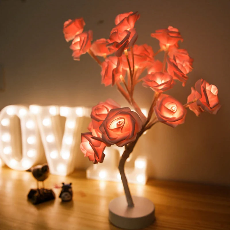 

LED Table Lamp With USB Port And Battery Rose Flower Tree Night Lights Bedside Lamp Home Decoration For Living Room LED Lights