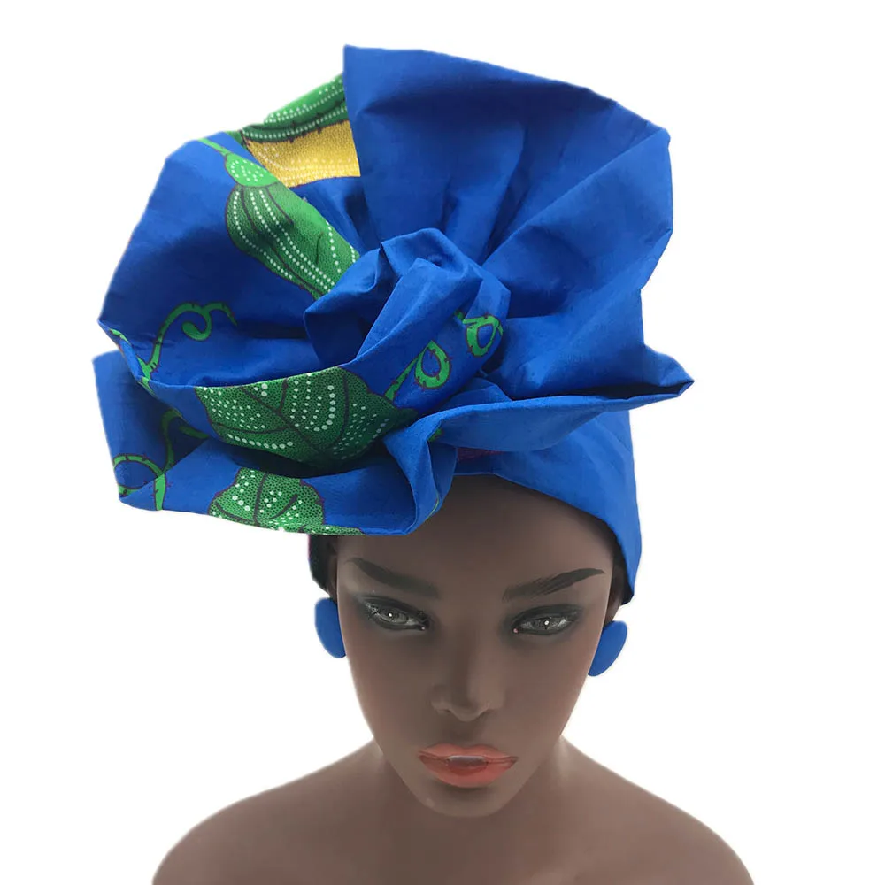African headwrap flower shape headtie turban wax fabric nigerian headwear auto gele print wax headgear (11)