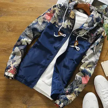 

Chic Men Floral Print Patchwork Hooded Zip Up Long Sleeve Casual Jacket Coat