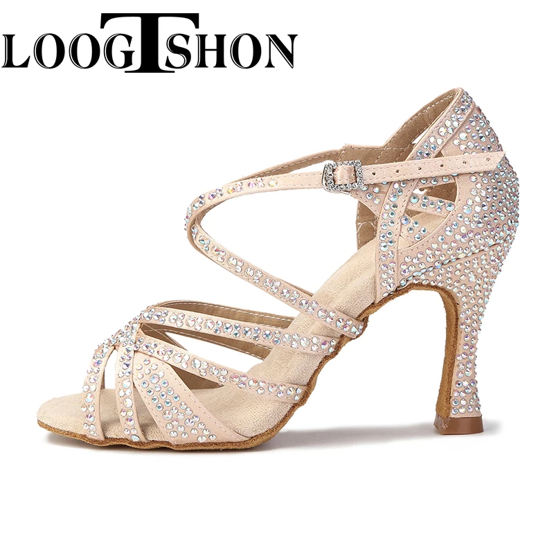 Loogtshon  Latin dance shoes women dancing shoes classic rhinestone shoes roman heel cone heel dance shoes professional heels
