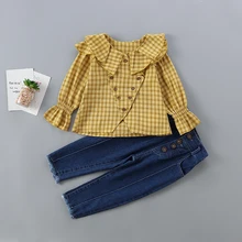 Комплект одежды высокого качества для девочек от 2 до 7 лет, новинка года, весенне-осенняя Модная рубашка в клетку+ джинсовые штаны, детская одежда для девочек