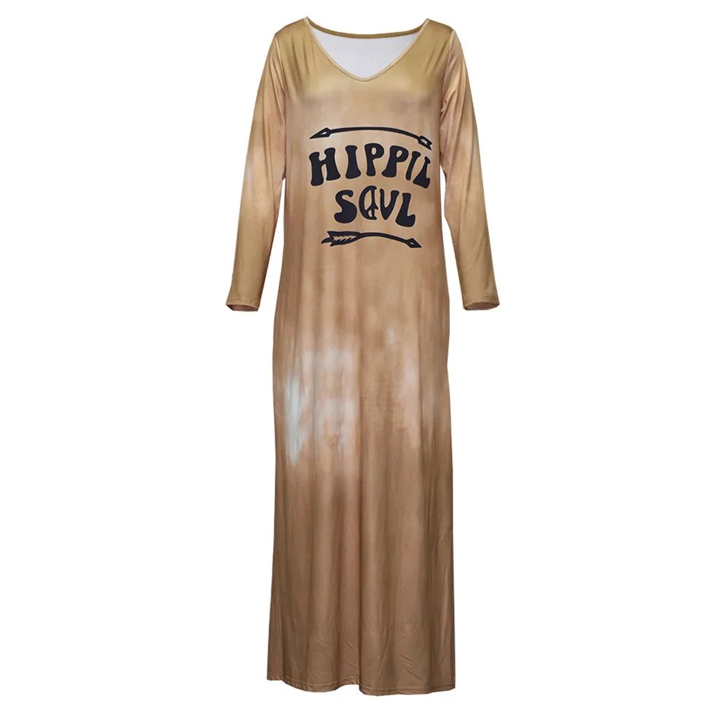 Tie Dye длинное платье для женщин хиппи душа печати о-образным вырезом свободного покроя с длинным рукавом рубашка макси платья размера плюс сплит винтажное платье