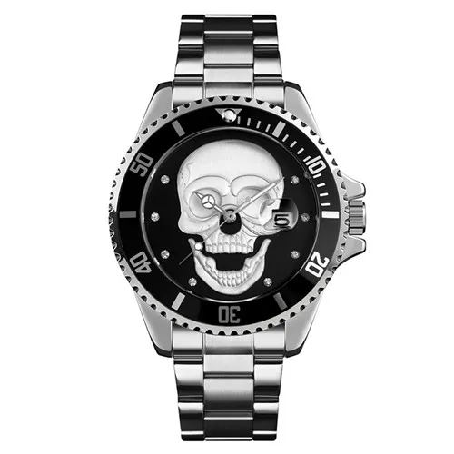 SKMEI Классические мужские кварцевые часы с рисунком черепа из нержавеющей стали спортивные часы 30 м водонепроницаемые мужские наручные часы Relogio Masculino 9178 - Цвет: Silver black