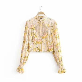 

Women's blouse Long-sleeved o-neck Elastic waist shirt Rayon lace decorative printing Casual spring Blouses BOHO blusas KNOYEER