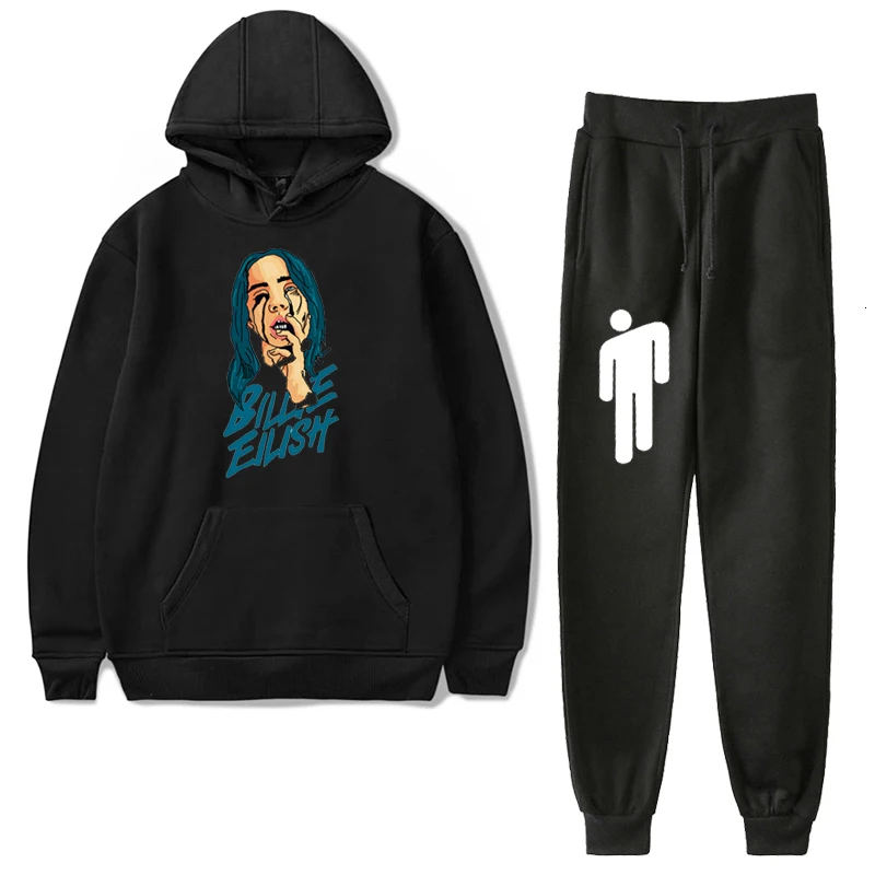 2 шт./компл. Детские Billie Eilish Бархатный спортивный костюм с капюшоном для детей, черные брюки Ropa Hombre Толстовка уличная