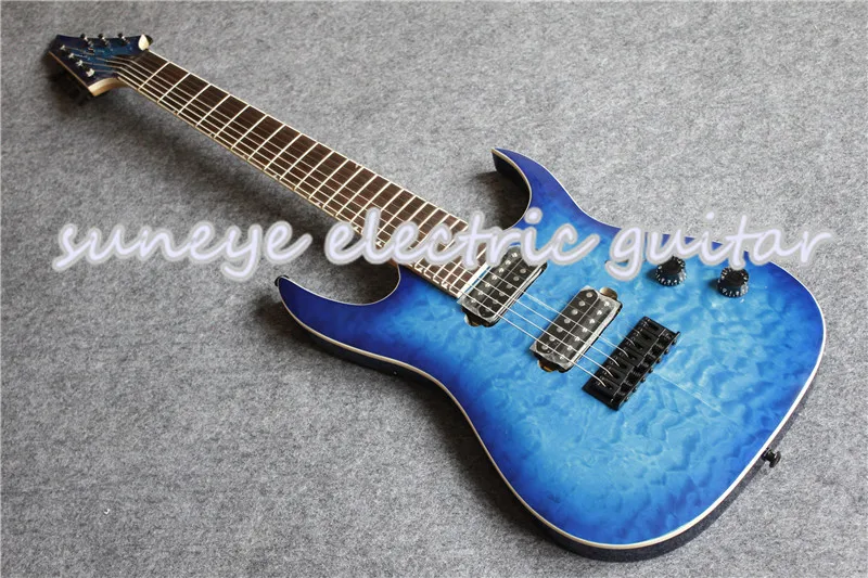 Suneye синяя стеганая отделка 7 Струнная Гитара электрические домкраты стиль комплектующие черного цвета электрогитара твердый корпус гитары Комплект на заказ