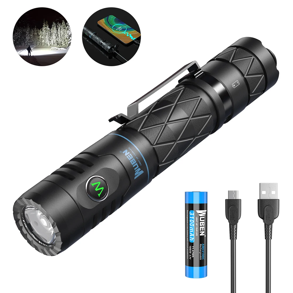 WUBEN E12R High Power LED Flashlight 1200 Lumens Type-C USB rechargeable 3100mAh 18650 Li-ion battery Power Bank EDC Torch