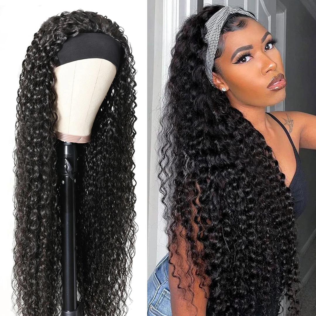 Headband Wig Human Hair Kinky Curly Brazilian 40 in Deep Wave Glueless Wigs For Women Remy Full Machine Made Fast Delivery | Шиньоны и