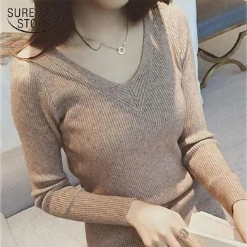 

V-Neck Solid Sweaters Women New Women's Knitted Sweater Slim Long Sleeve Pullover Autumn Winter Female Pull Femme 10432