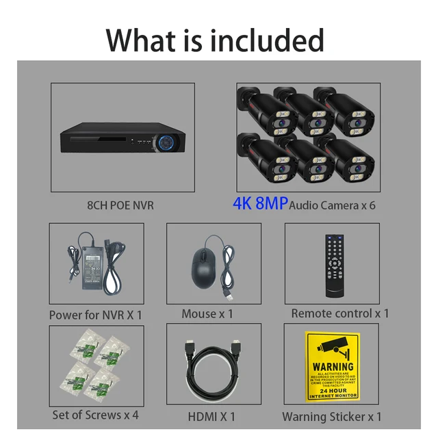 SIMICAM 4K POE Security Camera System 8MP H.265 IP Audio Human detection Color Full Night Vision IP67 Weatherproof Metal NVR Kit 8CH 6pcs4K Camera