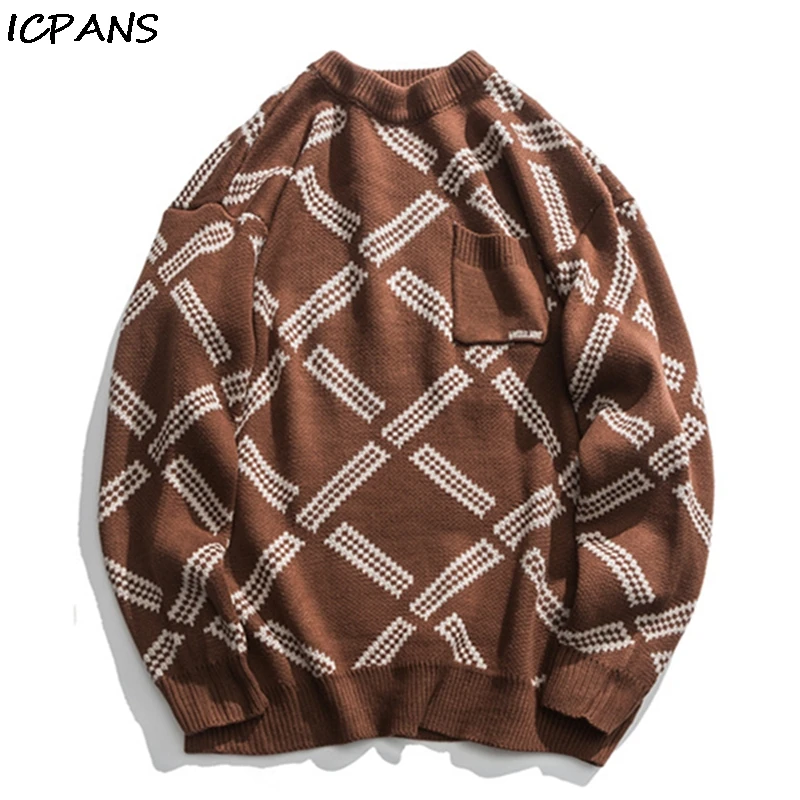 ICPANS, пуловер в клетку, вязаные свитера, Harajuku, свободные, весна-осень, Повседневный, вязанный джемпер, топы в стиле хип-хоп, уличная одежда