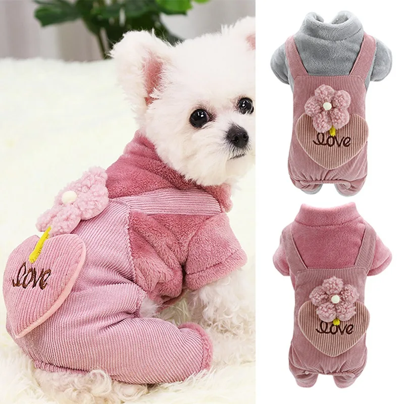Fleece Pet Dog Jumpsuit Winter Puppy Cat Clothes Coat Flower Letter