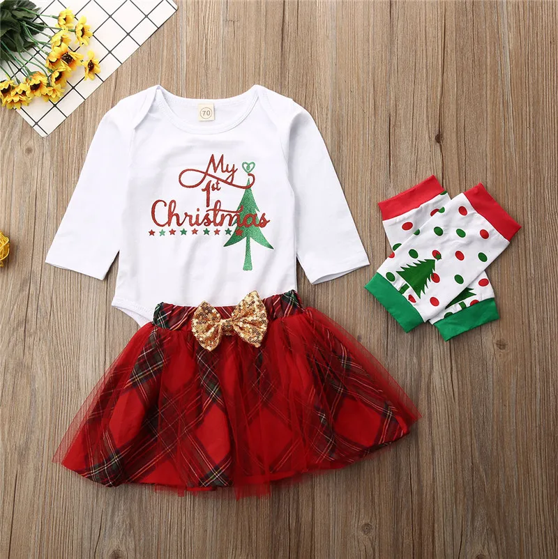 Комплект с рождественским платьем «My First 1st» для детей 0-18 месяцев, комплект одежды для новорожденных девочек, топ с длинными рукавами и юбка, элегантный Рождественский наряд