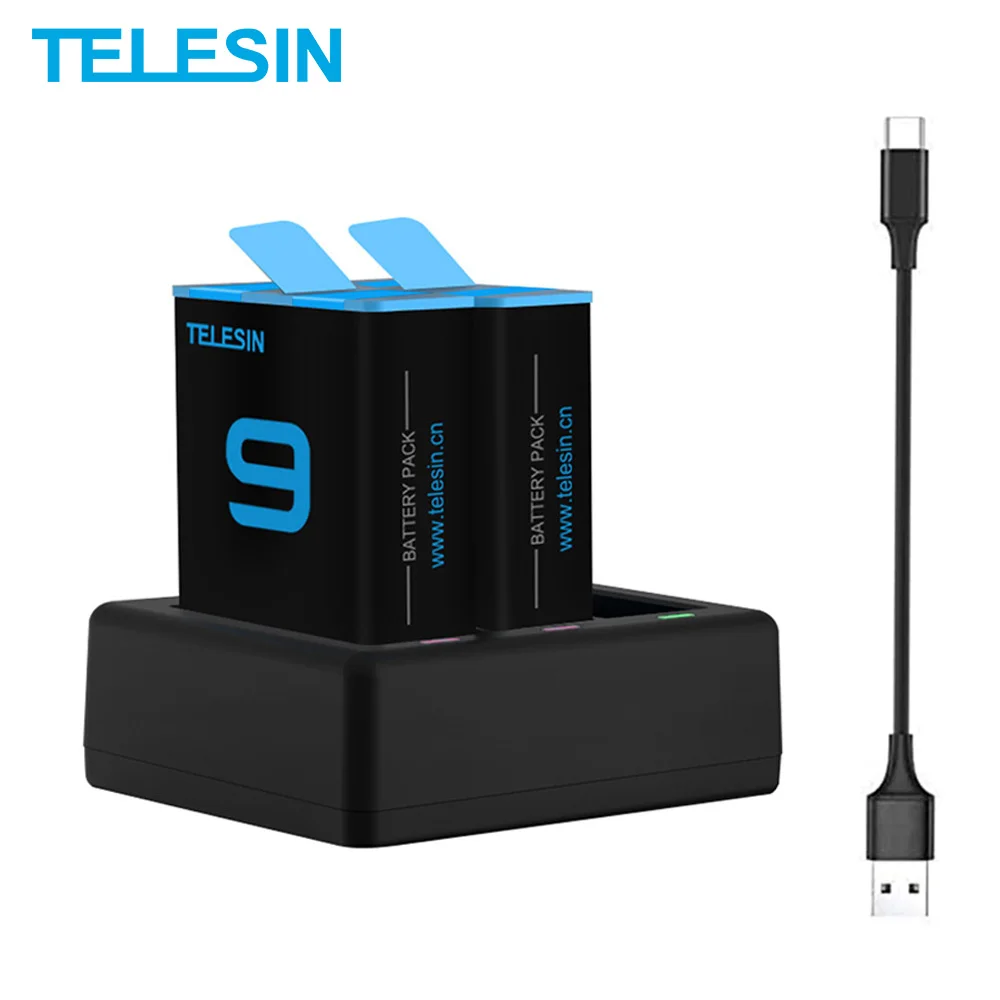 TELESIN 2Pack For GoPro 9 Battery 1750mAh 3 Slots LED Light Battery Charger For GoPro Hero 9 Black Camera Accessories