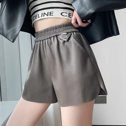Chique elástico de cintura alta perna larga biker shorts outono inverno couro do plutônio shorts feminino solto femme casual senhoras shorts preto