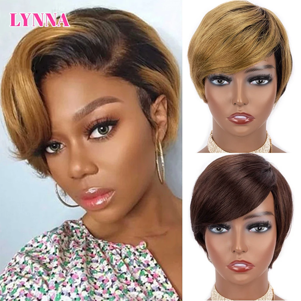 Short Pixie Cut Wig Cheap Human Hair Wigs Straight Bob Wigs With Bangs Full Machine Human Hair Wig for Black Women Black & Ombre