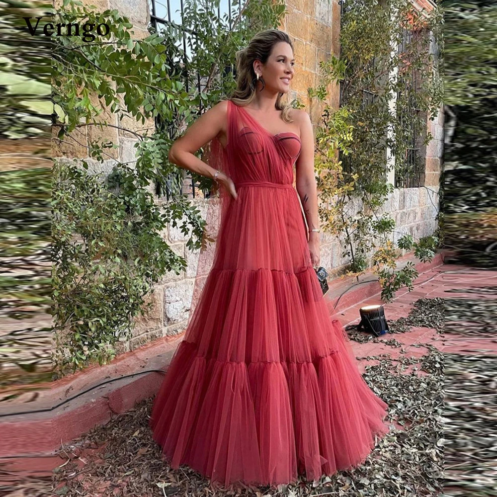 

Verngo A Line Watermelon Red Tulle Long Prom Dresses One Shoulder Layered Skirt Women Formal Special Occasion Dress Evening Gown