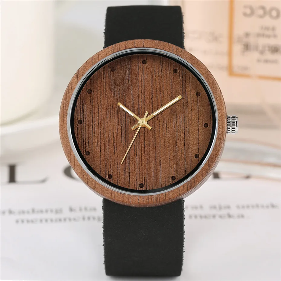 Простые круглые кофе коричневые мужские деревянные часы женские наручные часы с ремешком из натуральной кожи роскошные мужские s часы женские элегантные кварцевые часы