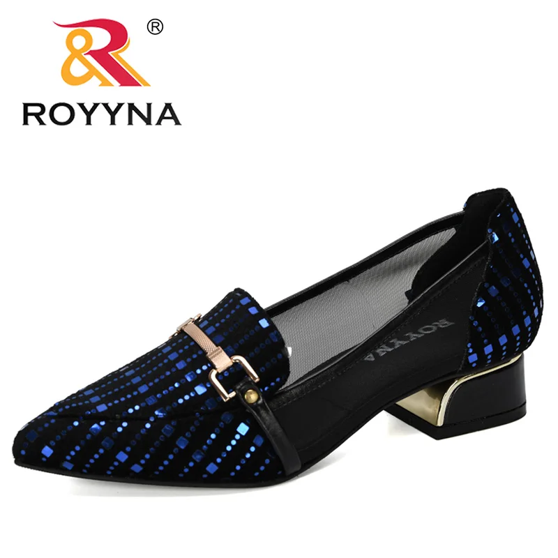 ROYYNA/Новинка года; дизайнерская цветная женская обувь из флока на Высоком толстом металлическом каблуке; Feminimo; Рабочая обувь; женские свадебные туфли - Цвет: Black blue