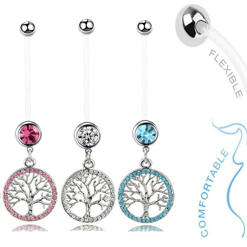 1pc Crystal Tree of Life Flexible Barbell Pregnancy Belly Ring Marternity Bar Body Piercing Jewelry 14G |