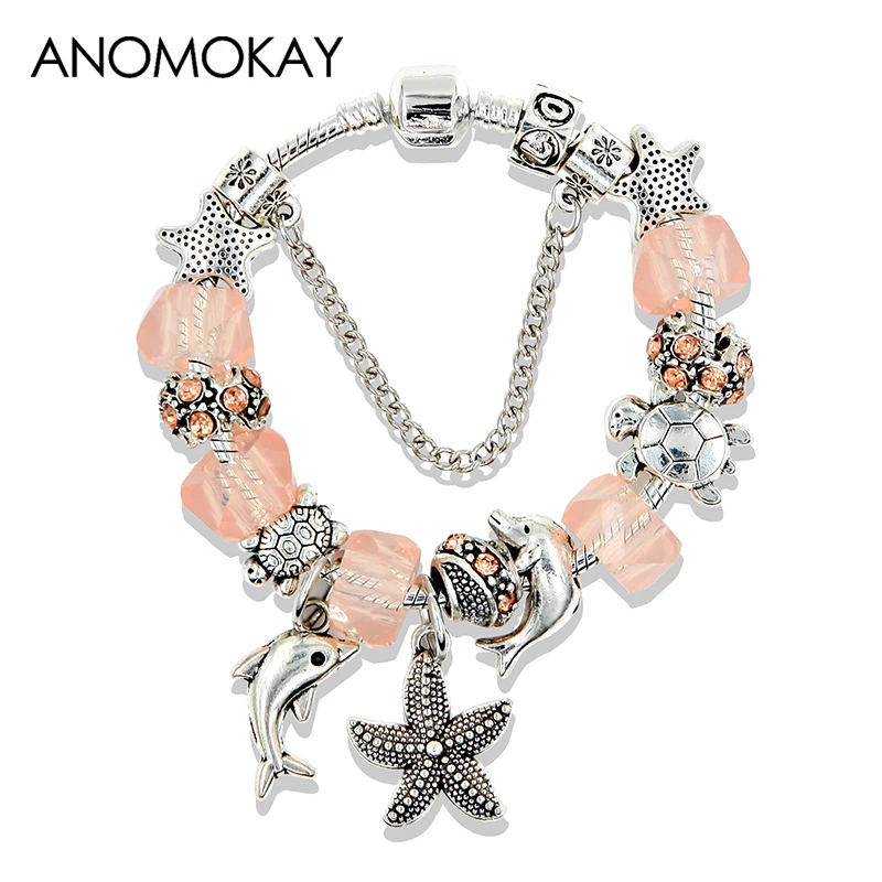 Dropshipping 5 Colors Ocean Starfish Dolphin Bead Bracelet DIY Crystal Charm Bracelets & Bangles Fashion Jewelry Gift Pulseras