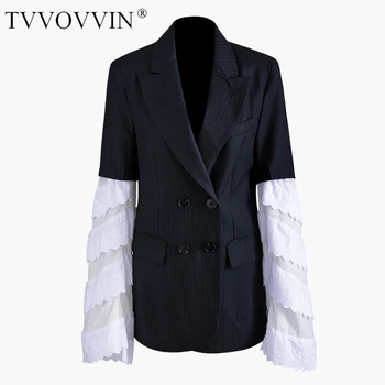

TVVOVVIN Blazer Stripe Long Sleeve Ladies Black Blazer Lace Stitching Double Breasted Blazer Fashion Womens Suit Jacket X419