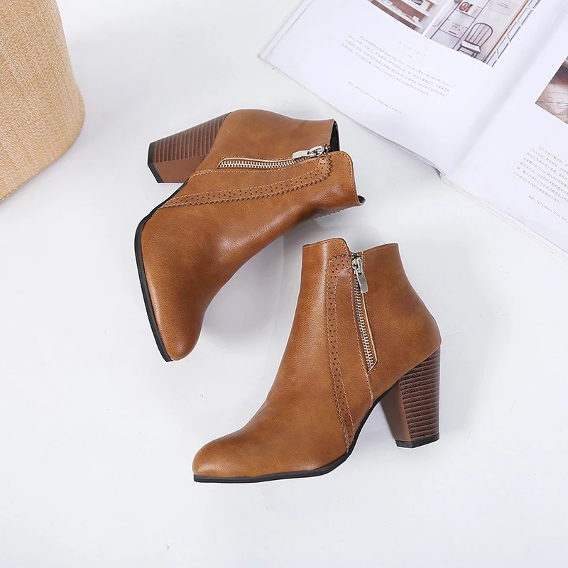 Women Ankle winter snow Boots High Heels Shoes PU leather Fashion Zipper Comfortable Short Botas Casual women shoes mujer