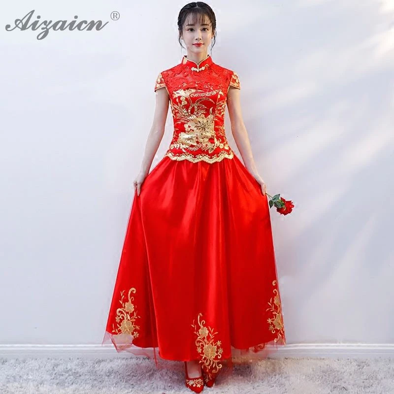 Летняя мода Sequin Кружева Cheongsam Современная Красная Невеста женится винтажное платье Qi Pao женское китайское свадебное платье Qipao акция