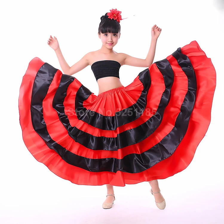 Высококачественная атласная, мягкая, красная, черная, испанское фламенко-юбка для девочек-подростков Полосатое блестящее платье для Бальных и сценических танцев