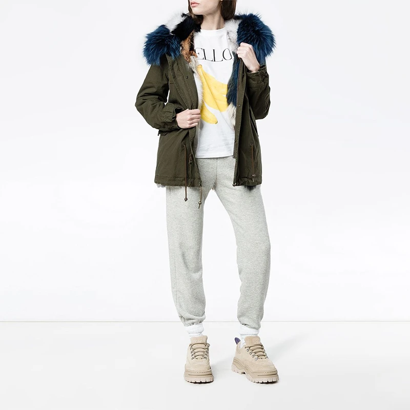FURSARCAR Fashion 65CM Army Green Jacket Real Fur Parka Women Winter Coat With Raccoon Fur Collar And Cuff Casual Warm Fur Parka
