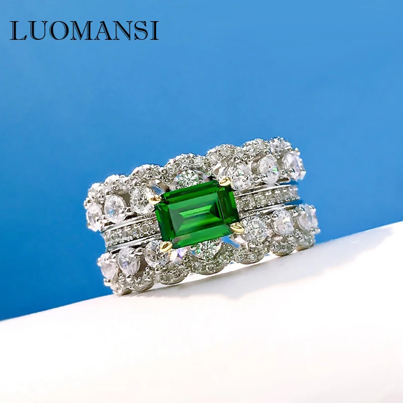 Luomansi 4*6 мм Изумрудный двойной ряд Полный Бриллиант широкое кольцо 100%-S925