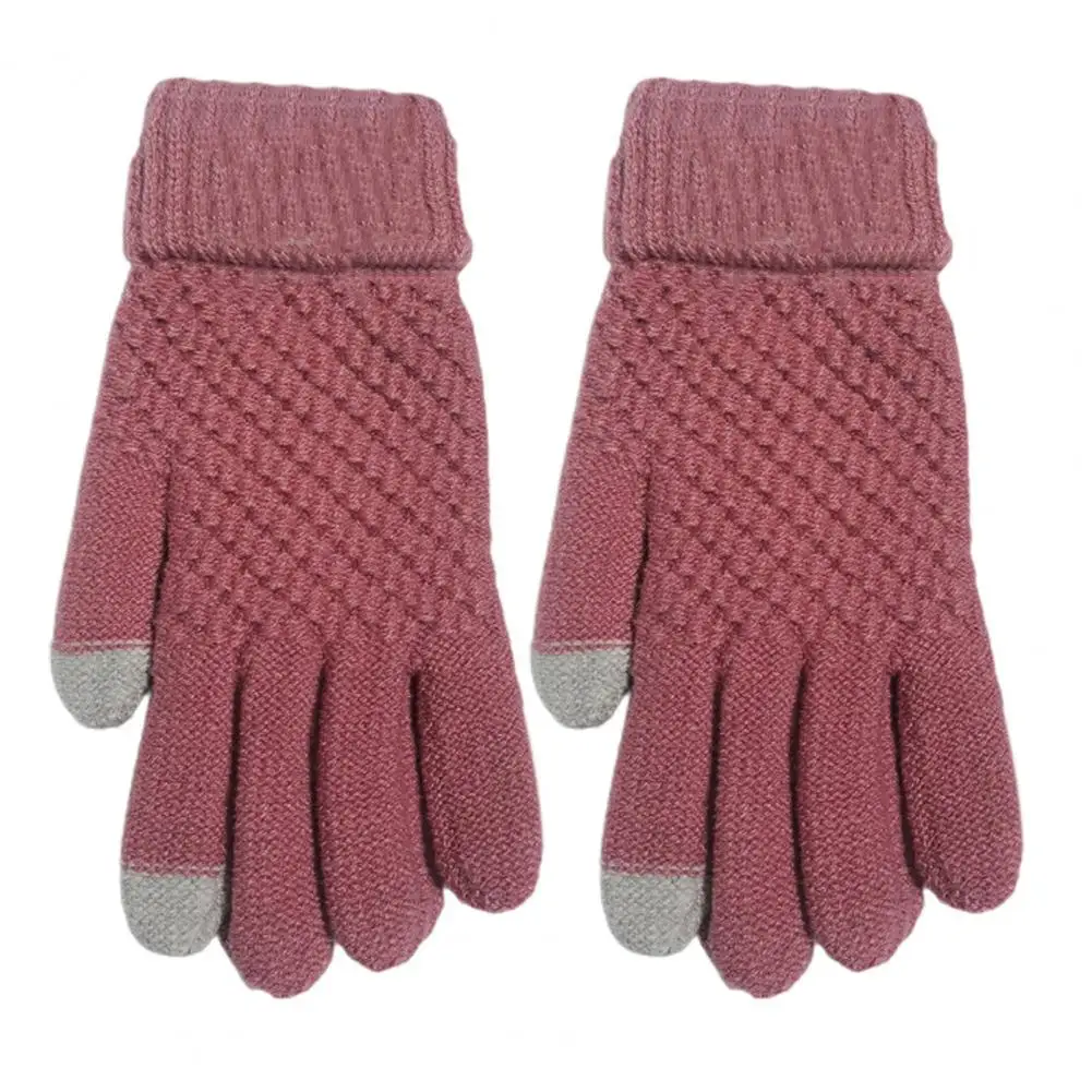 

1 Pair Touch Screen Full Finger Gloves Women 2021 Winter Ribbed Cuff Stretchy Knitted Jacquard Gloves for Outdoor Mittens