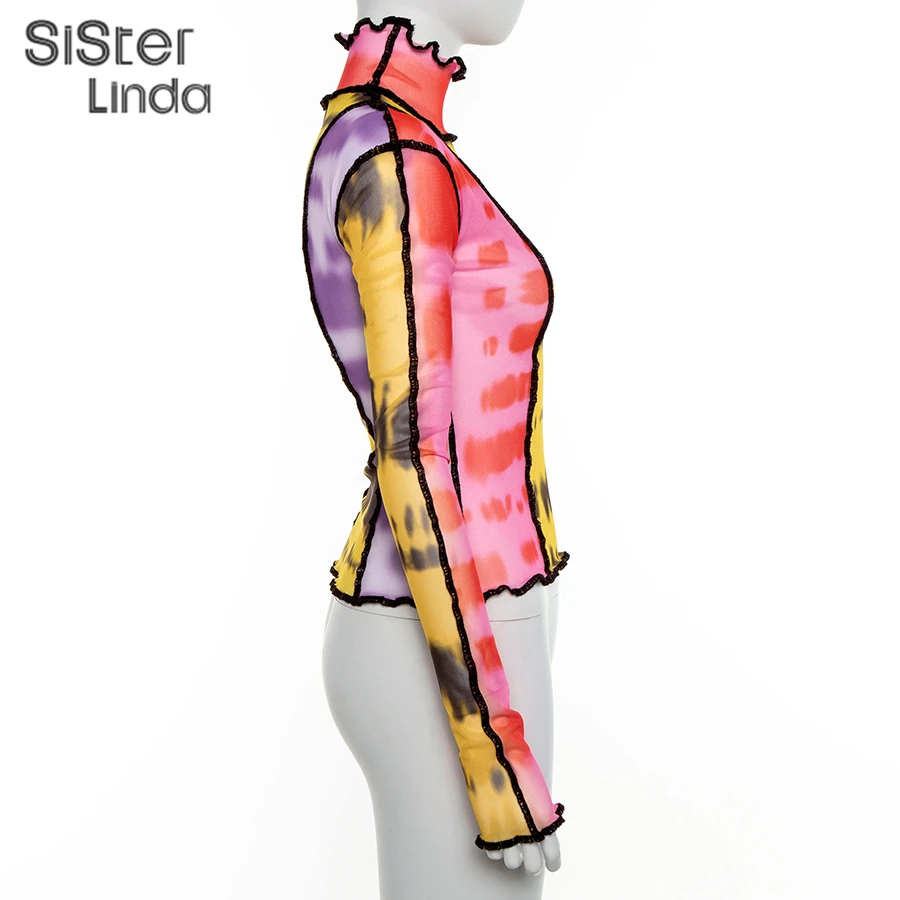 Sisterlinda/Модная Сетчатая футболка с разноцветным принтом, топ с оборками, Женская Базовая футболка с длинными рукавами и высоким воротником, новинка, горячая тонкая футболка Mujer