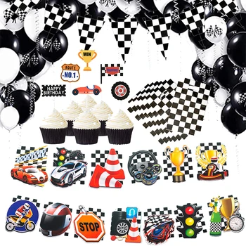 

Racing Car Party Decor Tableware Black White Machines Balloons Boy Happy Birthday Banner Flag Cake Topper Baby Shower Supplies