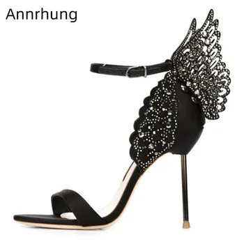 

Bling Rhinestone Wings High Heels Sandals One Strap Open Toe Dress Shoes Elegant Fretwork Wing Decor Sandalias Mujer
