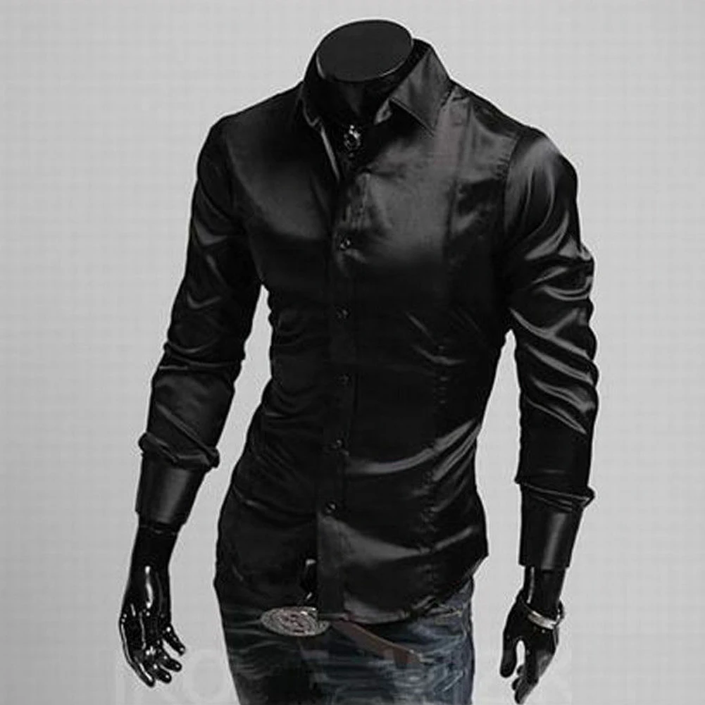 Новинка, Мужская однотонная шелковая рубашка, M, L, XL, 2XL, 3XL, с длинным рукавом, 3 цвета, повседневные официальные рубашки размера плюс