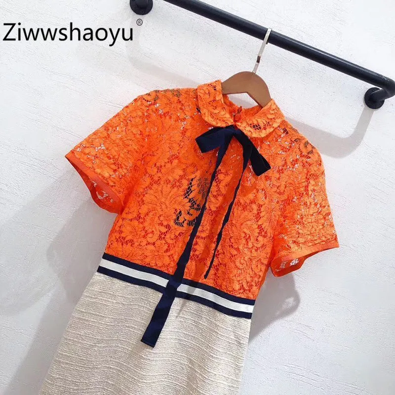 Ziwwshaoyu модное весенне-летнее оранжевое кружевное платье трапециевидной формы с бантом в стиле пэчворк женская одежда высокого качества