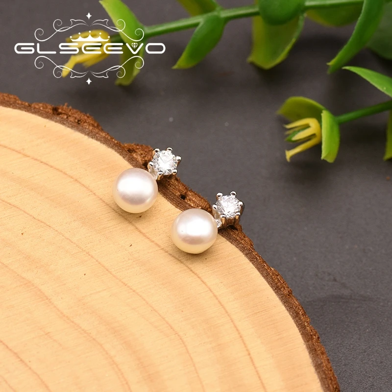 GLSEEVO Silver 925 Fresh Water White Pearl Zircon Earrings For Women Luxury Engagement Gift Handmade Regalos Para Mujer GE0864
