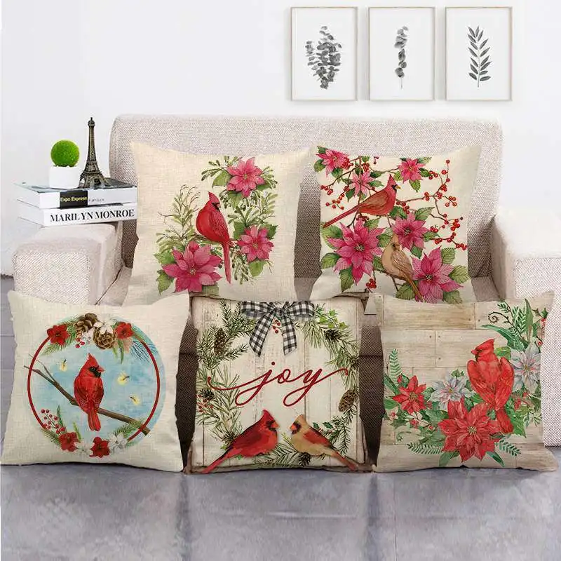 45*45 cm Cotton Linen Pillow Covers Square Cardinal Couch Red Bird Decorative Throw Cushion Cover Home Decor Pillowcase | Дом и сад