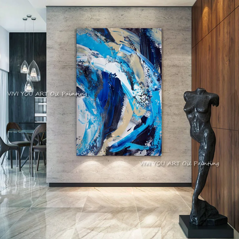 

Абстрактная синяя живопись на холсте мечты художественная 100% ручная роспись маслом для гостиной спальни модное настенное искусство Dec